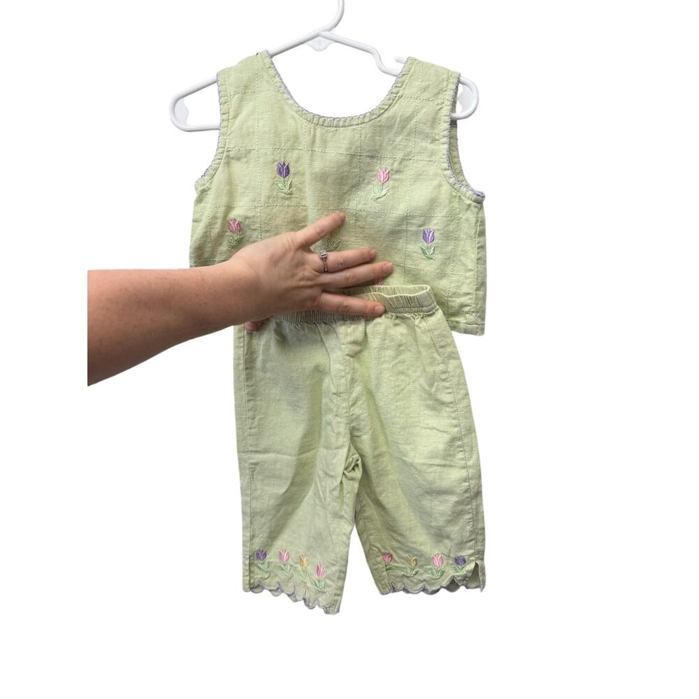 y2k vtg Kids Headquarters Sleeveless Top/ Pants Set Embroidered linen 2T green - Picture 2 of 7